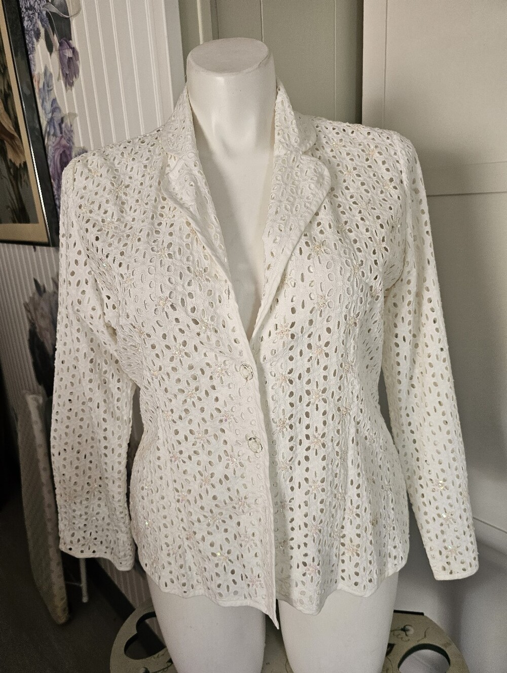 YakMagik VTG L White Eyelet Cotton Blazer Jacket Sequin Embroidered NWT $140